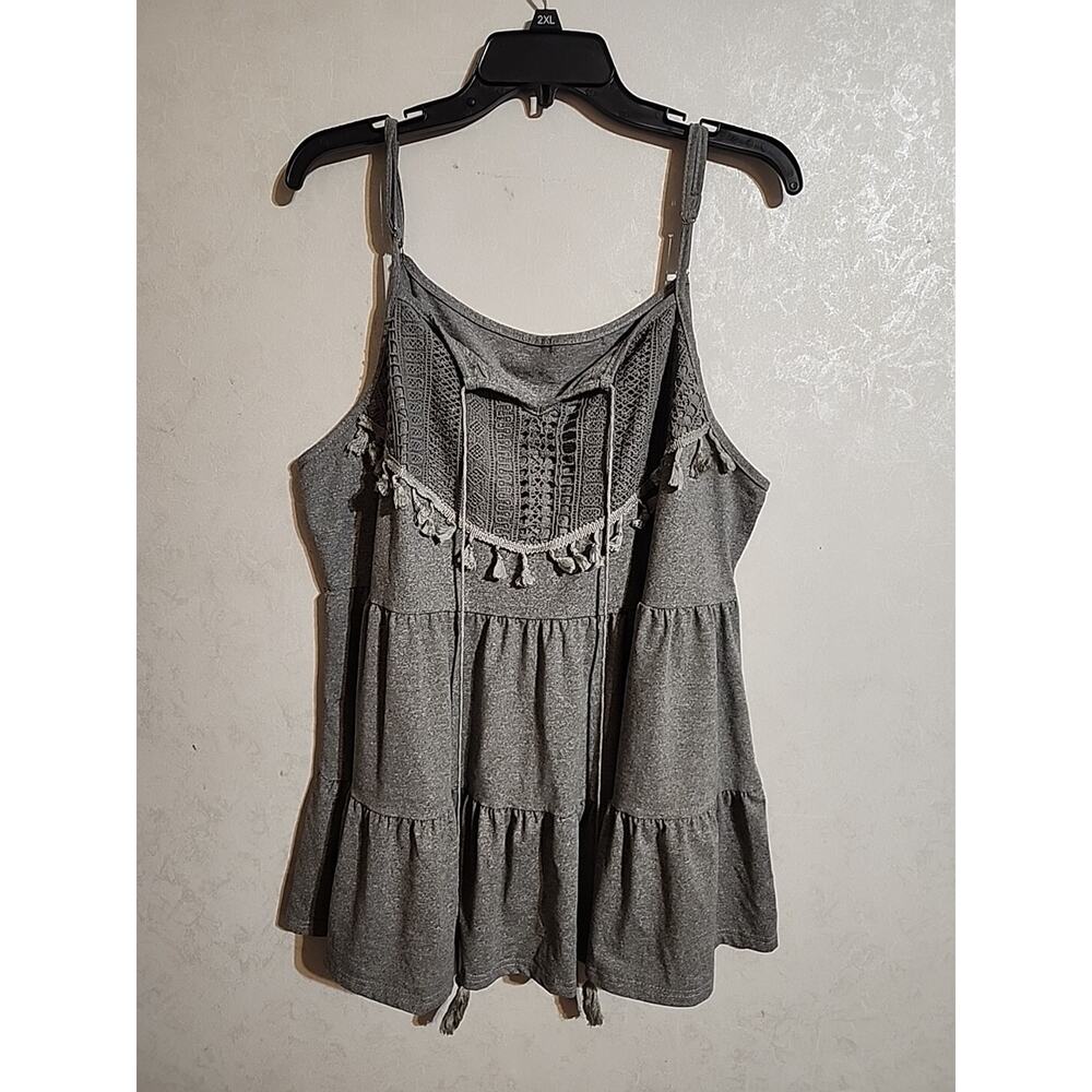 Shein Curve Cami Baby Doll Tiered Gray Tassels V-Neck Crochet Adjustable Straps